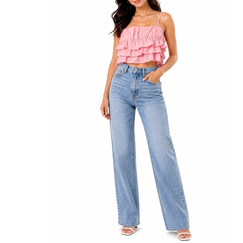 On Twelfth Pink Tiered Ruffle Cami Crop Top Adjustable Straps Size Large‎ NEW
